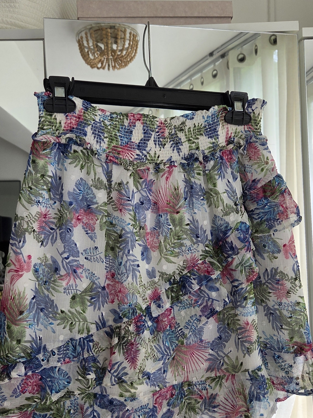 Walter Baker White Floral Ruffle Mini Skirt with Blue, Pink & Green Print